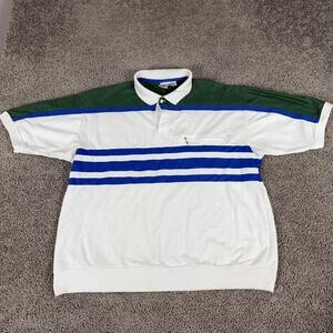 Vintage Jantzen Polo Shirt Mens XL White Blue Green Stripe Knit Zip Pocket 90s